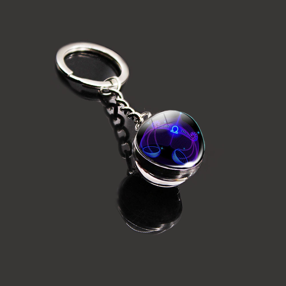 12 Constellation Key Ring Stone Double-Sided Glass Ball Metal Fashion Keychain