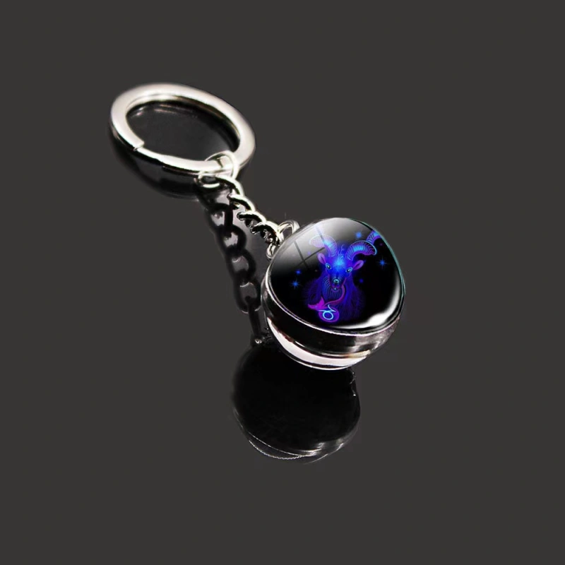 12 Constellation Key Ring Stone Double-Sided Glass Ball Metal Fashion Keychain