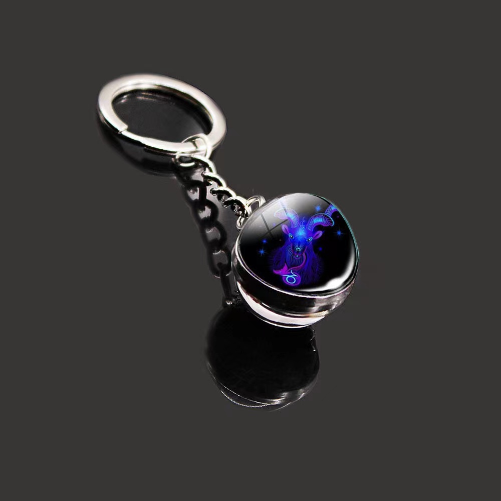 12 Constellation Key Ring Stone Double-Sided Glass Ball Metal Fashion Keychain