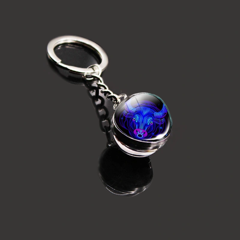 12 Constellation Key Ring Stone Double-Sided Glass Ball Metal Fashion Keychain