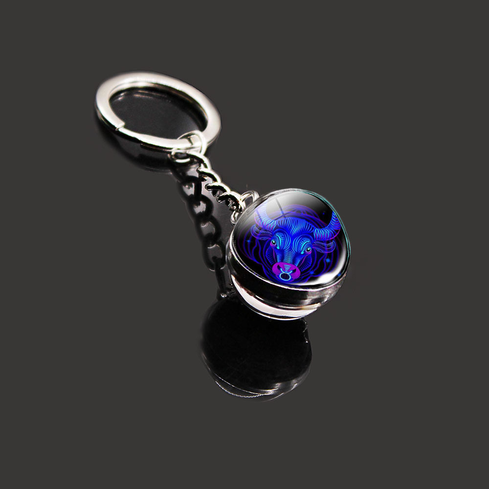 12 Constellation Key Ring Stone Double-Sided Glass Ball Metal Fashion Keychain