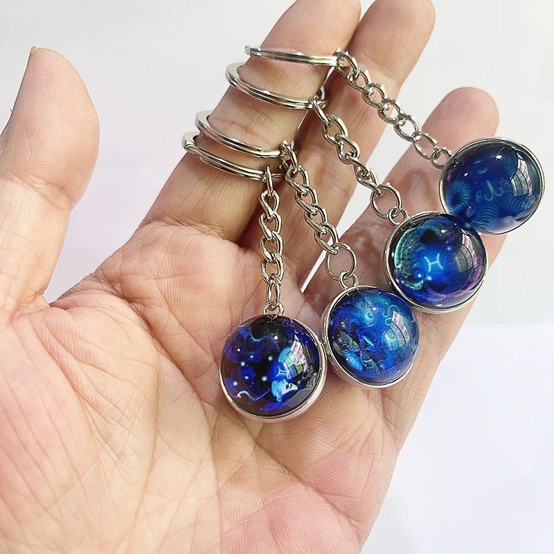 12 Constellation Key Ring Stone Double-Sided Glass Ball Metal Fashion Keychain