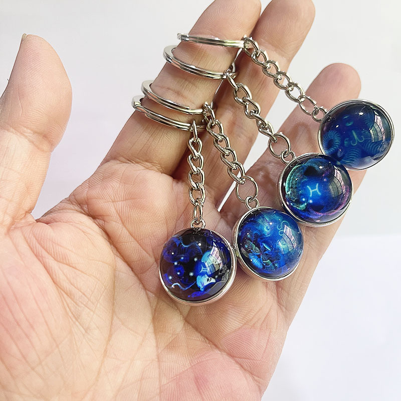 12 Constellation Key Ring Stone Double-Sided Glass Ball Metal Fashion Keychain