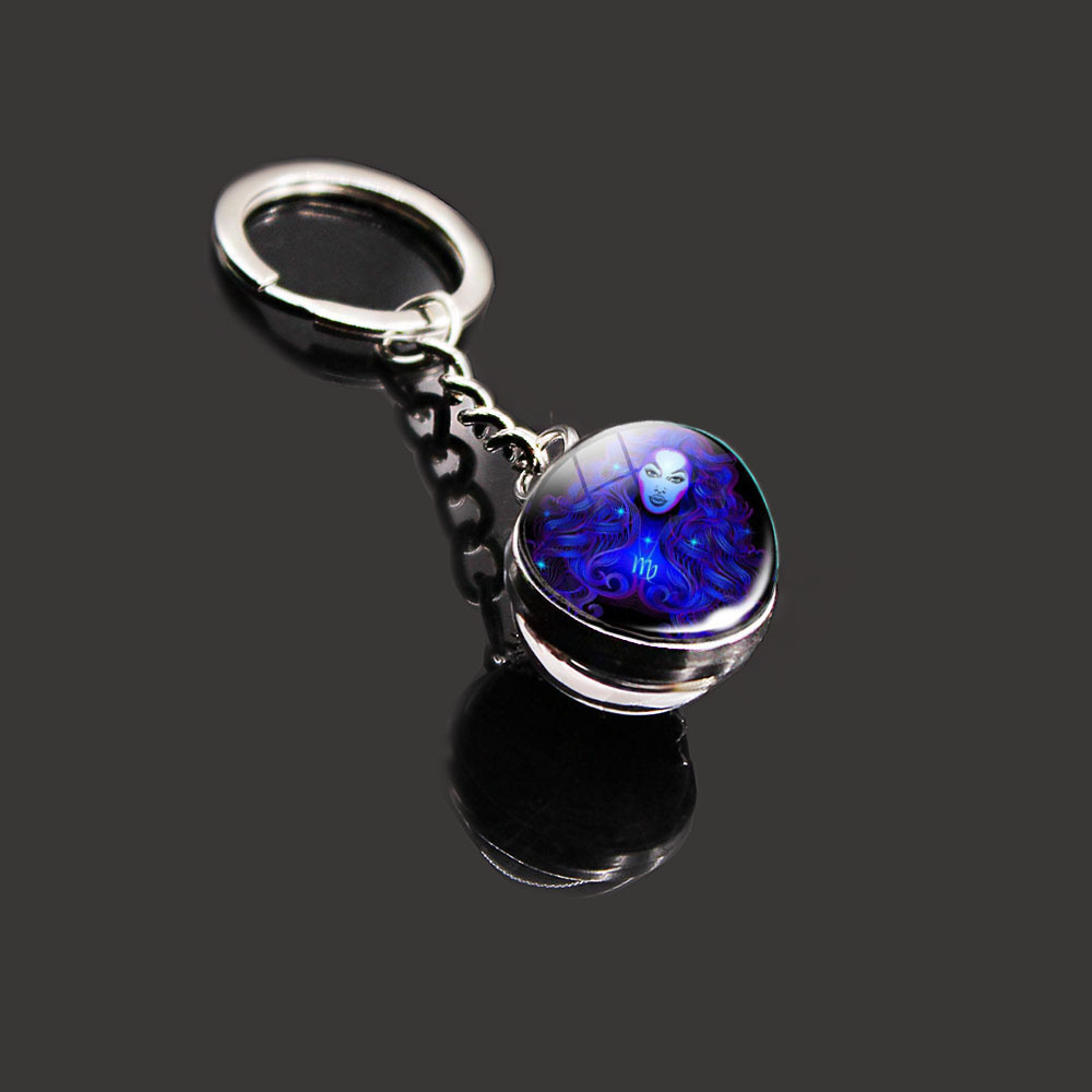 12 Constellation Key Ring Stone Double-Sided Glass Ball Metal Fashion Keychain