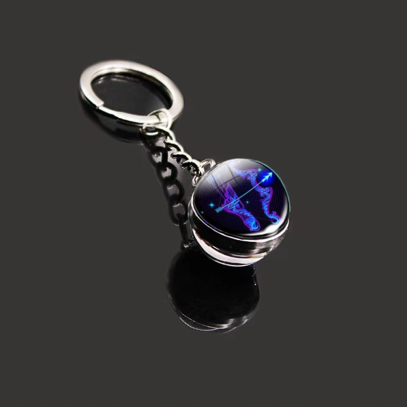 12 Constellation Key Ring Stone Double-Sided Glass Ball Metal Fashion Keychain