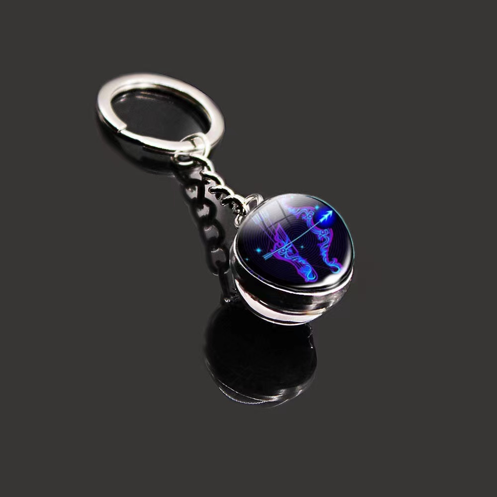 12 Constellation Key Ring Stone Double-Sided Glass Ball Metal Fashion Keychain