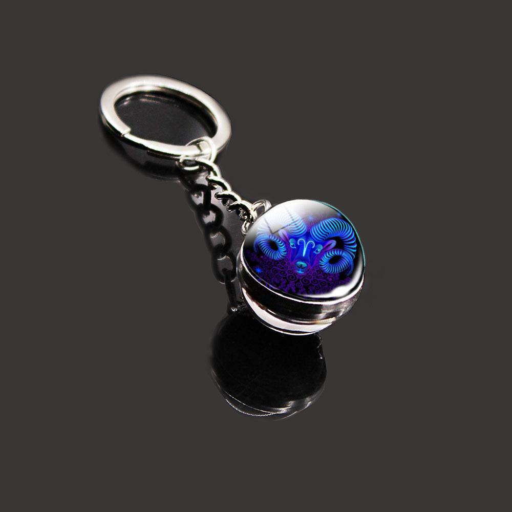 12 Constellation Key Ring Stone Double-Sided Glass Ball Metal Fashion Keychain