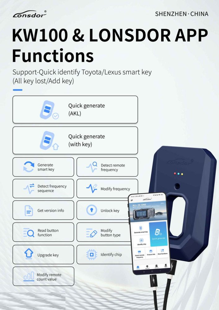 Lonsdor KW100 bluetooth Smart Key Generator for LT20 Keys Generation When All Keys Lost & Adding Keys