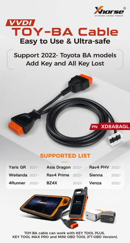 XHORSE XD8ABAGL Toyota BA All Keys Lost Adapter for 2022- Toyota BA Add Key & AKL Works with VVDI Key Tool Plus, Key Tool Max Pro and FT-Mini OBD Tool