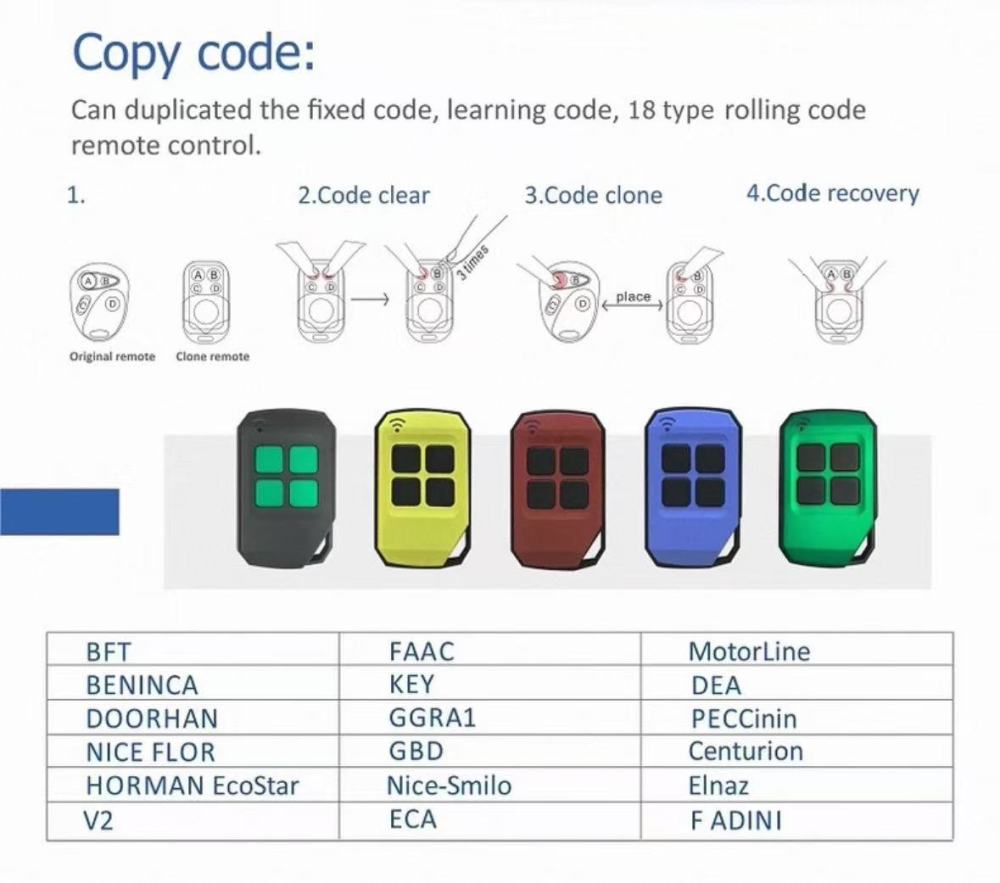 Universal Face To Face Garage Remote Control Rolling Code Duplicator Fixed and Rolling Code Cloner 433.92 MHz Compatible NICE BFT