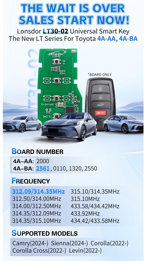Lonsdor LT30-2 Universal Smart Key for 2022-2024 Toyota/Lexus 4A-AA / 4A-BA Switchable Frequency