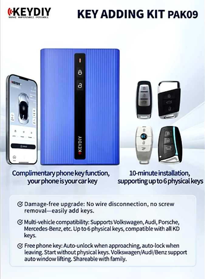 KEYDIY PAK09 Phone As Key Supports VW Audi Porsche Benz etc. can add up to 6 physical keys.