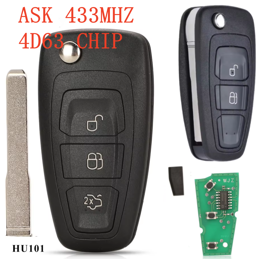 For Ford Kuga C-Max Focus Fiesta Mondeo Galaxy 2 / 3 button 433Mhz ASK with 4D63 Chip Remote Car Key