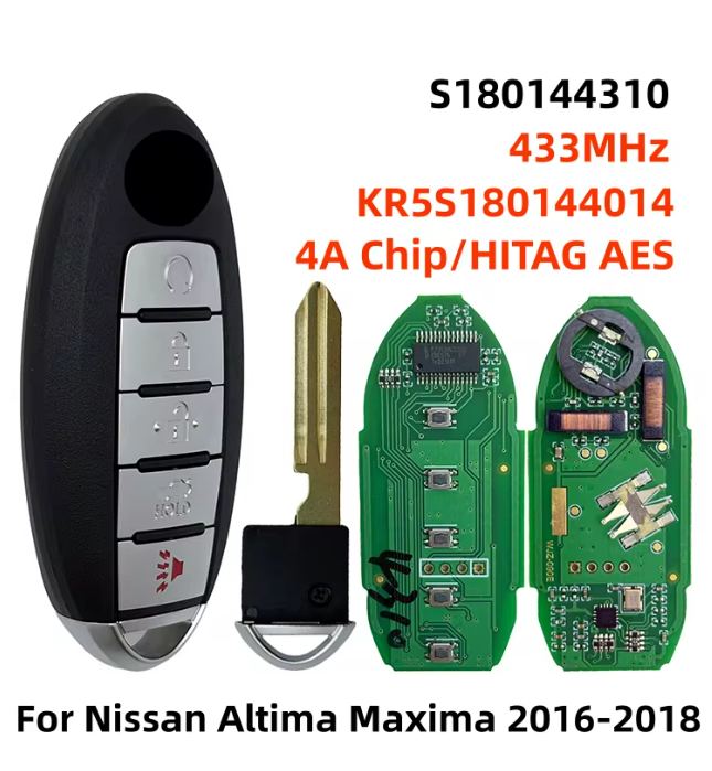 For Nissan Altima Teana Maxima KR5S180144014 433MHz 5 Button Smart Remote Car Key with 4A Chip HITAG AES