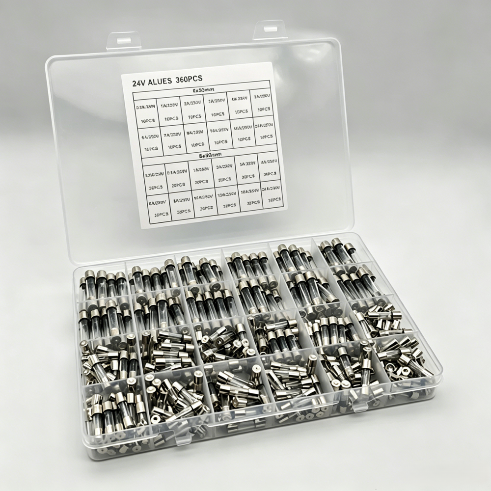 24 Values 360Pcs Fast Blow Glass Fuses Assortment Kit 5x20mm 6x30mm 250V 0.25-20A with Clear Storage Box