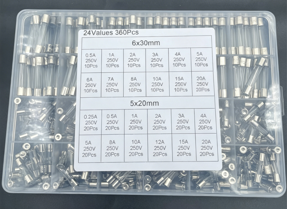 24 Values 360Pcs Fast Blow Glass Fuses Assortment Kit 5x20mm 6x30mm 250V 0.25-20A with Clear Storage Box