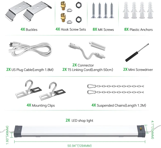 Ngtlight® 100W Linkable LED Shop Light 4FT 13000LM 5000K With Plug 120V LED Garage Ceiling Workshop Light ON/Off Pull Chain Suspended & Flush Mount