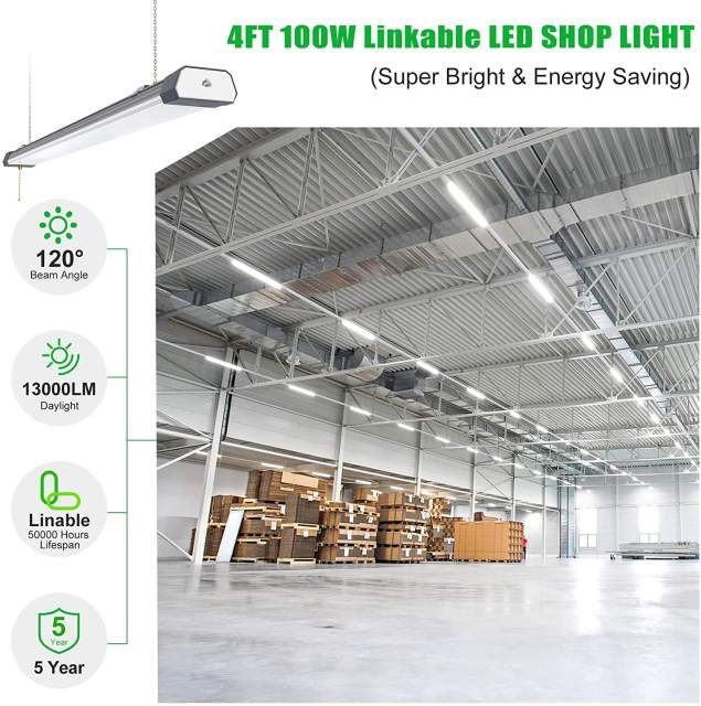 Ngtlight® 100W Linkable LED Shop Light 4FT 13000LM 5000K With Plug 120V LED Garage Ceiling Workshop Light ON/Off Pull Chain Suspended & Flush Mount