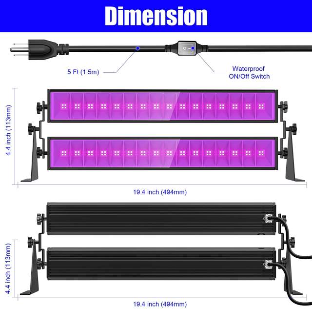Ngtlight® 160W UV LED Black Light Bar With AC120V Plug IP65 Waterproof Blacklights With ON/Off Switch
