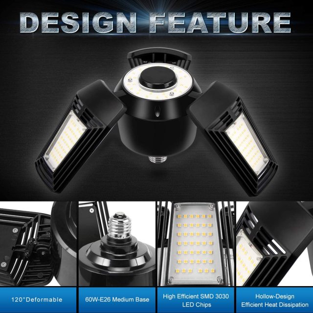 Ngtlight® 60W LED Garage Light E26 7200LM Deformable with 3 Panel-400W MH/HID/HPS Equivalent 5000K