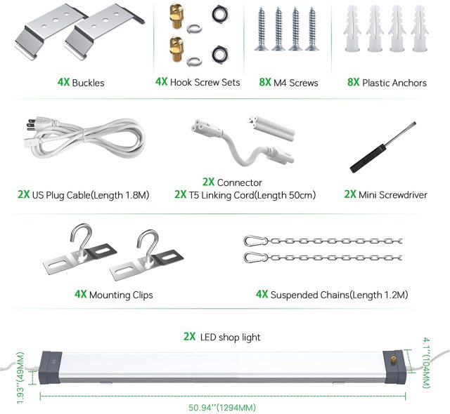 Ngtlight® 120W Linkable LED Shop Light 4FT 16800LM 5000K With Plug 120V±10% ON/Off Pull Chain Suspended & Flush Mount