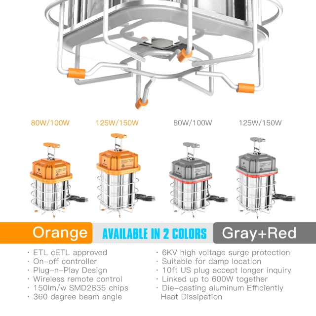 Ngtlight® 80W LED Temporary Work Light 11600Lumen 5000K Hanging Construction Lights with 10ft Cord, Stainless Steel Guard and Hook