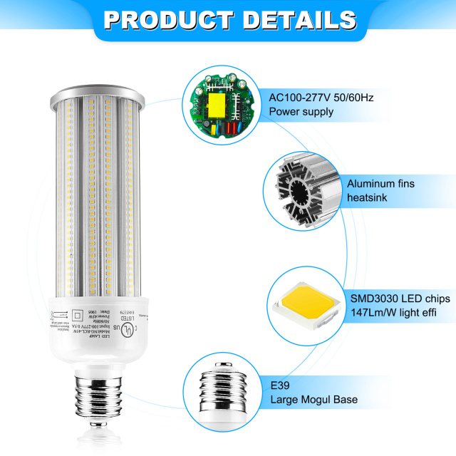 Ngtlight® 45W Die Casting LED Corn Light E39 Base 6350Lm 3000~6500K Replace 125W MH/HPS/HID/CFL