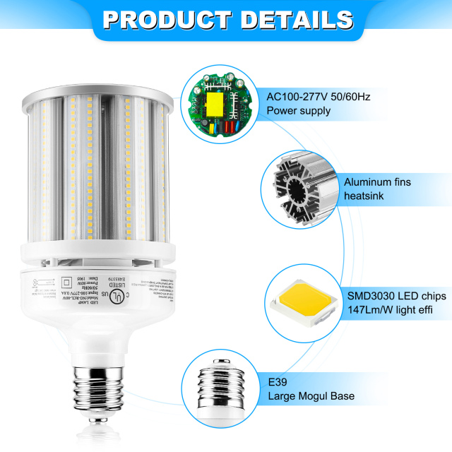 Ngtlight® 80W Die Casting LED Corn Light E39 Base 11300Lm 3000~6500K Replace 175W MH/HPS/HID/CFL