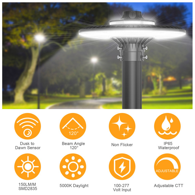 Ngtlight® 120W Led Post Top Lights With Photocell 15600Lm 5000K LED Circular Area Pole Light [350W Equivalent] IP65 Waterproof