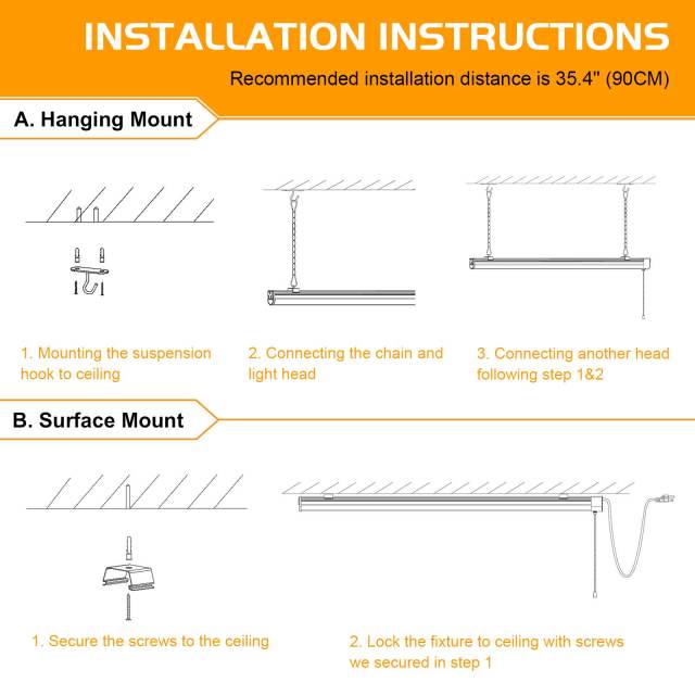 Ngtlight® 60W Linkable LED Shop Light 4FT 7800LM 5000K With Plug 120V LED Garage Ceiling Workshop Light ON/Off Pull Chain Suspended &amp; Flush Mount