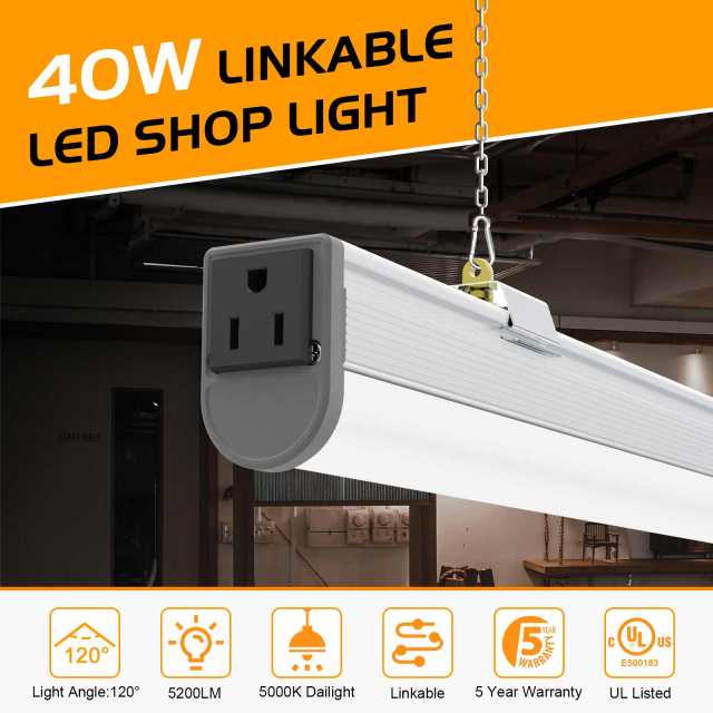 Ngtlight® 40W Linkable LED Shop Light 4FT 5200LM 5000K With Plug 120V LED Garage Ceiling Workshop Light ON/Off Pull Chain Suspended & Flush Mount