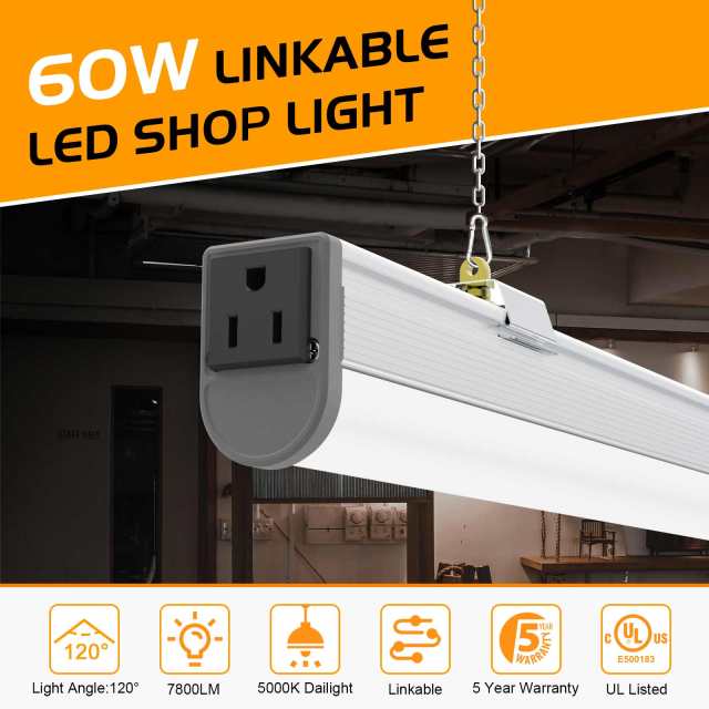 Ngtlight® 60W Linkable LED Shop Light 4FT 7800LM 5000K With Plug 120V LED Garage Ceiling Workshop Light ON/Off Pull Chain Suspended &amp; Flush Mount