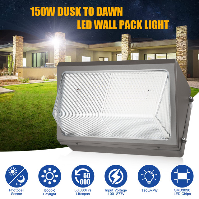 Ngtlight® 150W LED Wall Pack Light With Photocell 120-277V 5000K 15600LM IP65 Wallpack Glass Cover