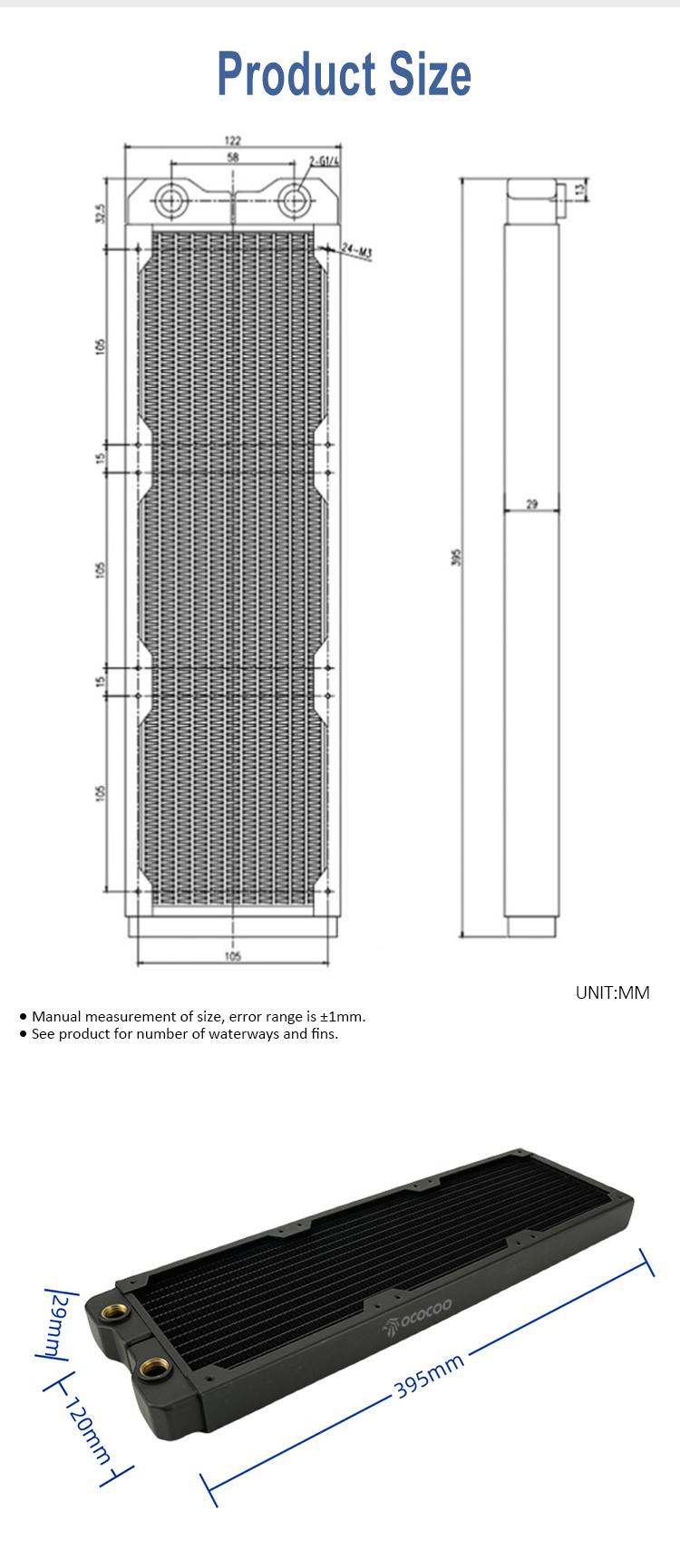 OCOCOO Copper Radiator 120mm Length 29mm Thickness Water Cooled Heat ...