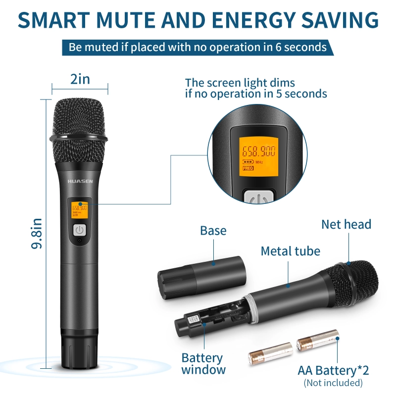 Wireless Microphone ,All Metal Dual Professional UHF Cordless Dynamic Mic Handheld Microphone System for Home Karaoke, Meeting, Party, Church, DJ, Wedding, for inandon Karaoke, 200ft,HUASEN