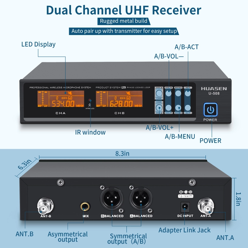 Wireless Microphone ,All Metal Dual Professional UHF Cordless Dynamic Mic Handheld Microphone System for Home Karaoke, Meeting, Party, Church, DJ, Wedding, for inandon Karaoke, 200ft,HUASEN