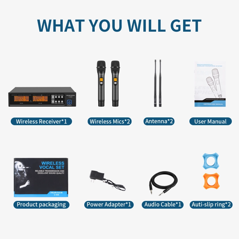 Wireless Microphone ,All Metal Dual Professional UHF Cordless Dynamic Mic Handheld Microphone System for Home Karaoke, Meeting, Party, Church, DJ, Wedding, for inandon Karaoke, 200ft,HUASEN