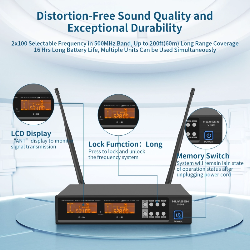 Wireless Microphone ,All Metal Dual Professional UHF Cordless Dynamic Mic Handheld Microphone System for Home Karaoke, Meeting, Party, Church, DJ, Wedding, for inandon Karaoke, 200ft,HUASEN