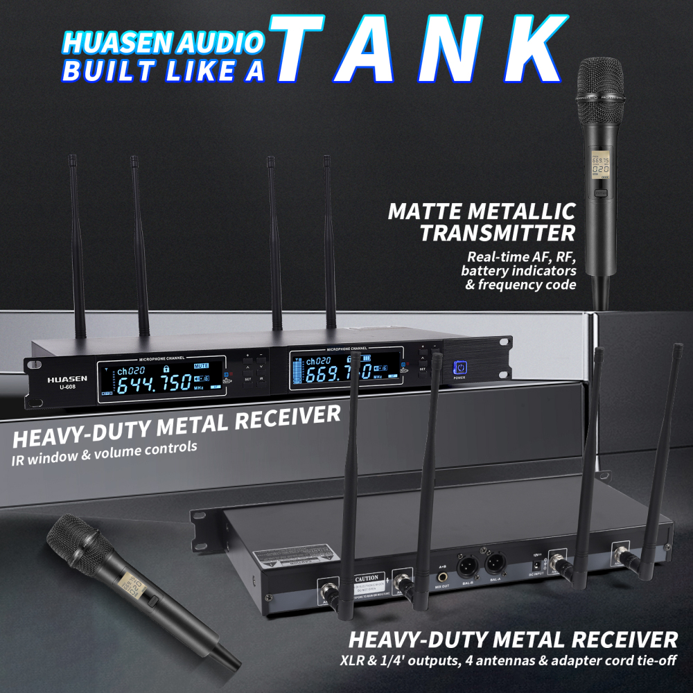 Wireless Microphone ,All Metal Dual Professional UHF Cordless Dynamic Mic Handheld Microphone System for Home Karaoke, Meeting, Party, Church, DJ, Wedding, for inandon Karaoke, 200ft,HUASEN