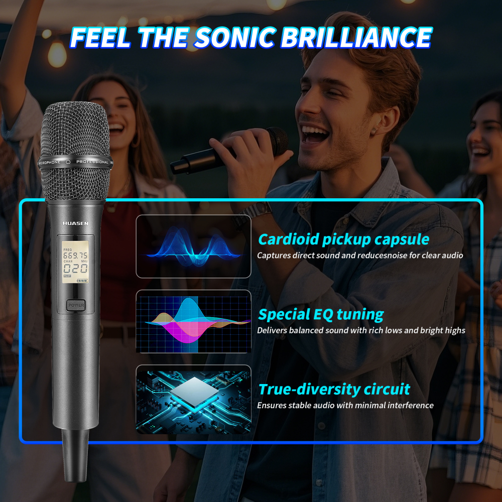 Wireless Microphone ,All Metal Dual Professional UHF Cordless Dynamic Mic Handheld Microphone System for Home Karaoke, Meeting, Party, Church, DJ, Wedding, for inandon Karaoke, 200ft,HUASEN