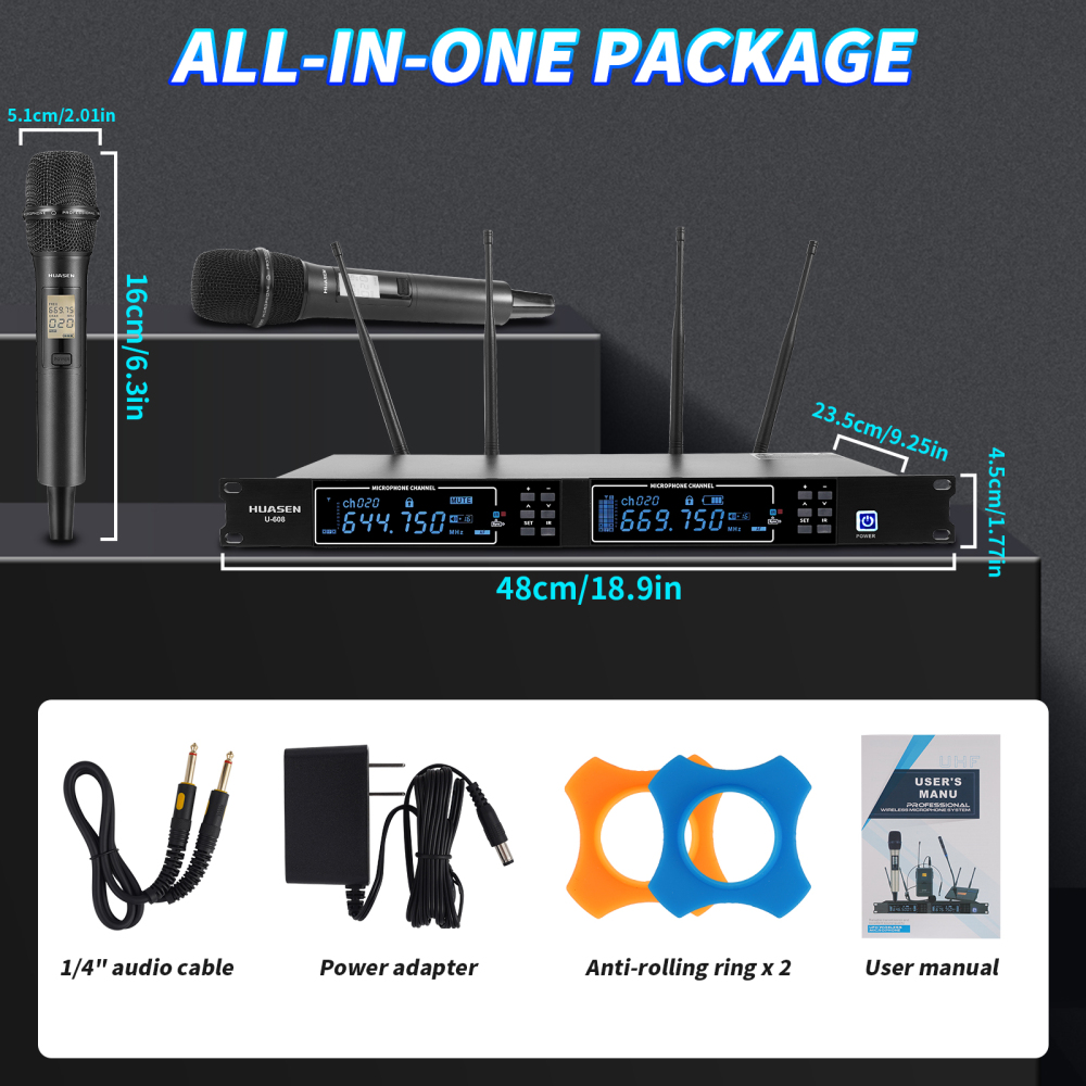 Wireless Microphone ,All Metal Dual Professional UHF Cordless Dynamic Mic Handheld Microphone System for Home Karaoke, Meeting, Party, Church, DJ, Wedding, for inandon Karaoke, 200ft,HUASEN