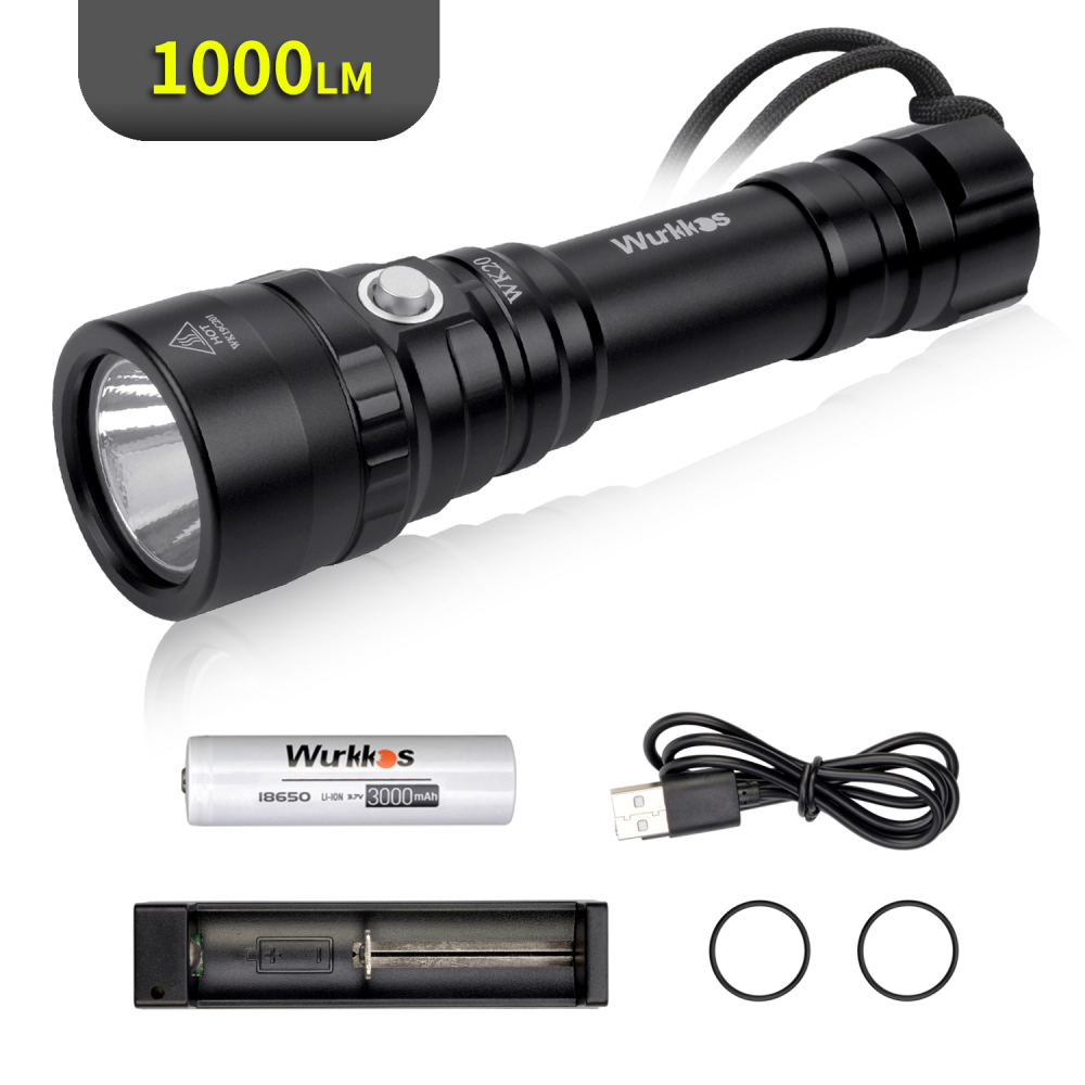 WK20 Diving Flashlight 1000lm 18650 Dive Light Warm Color XPL 3000K