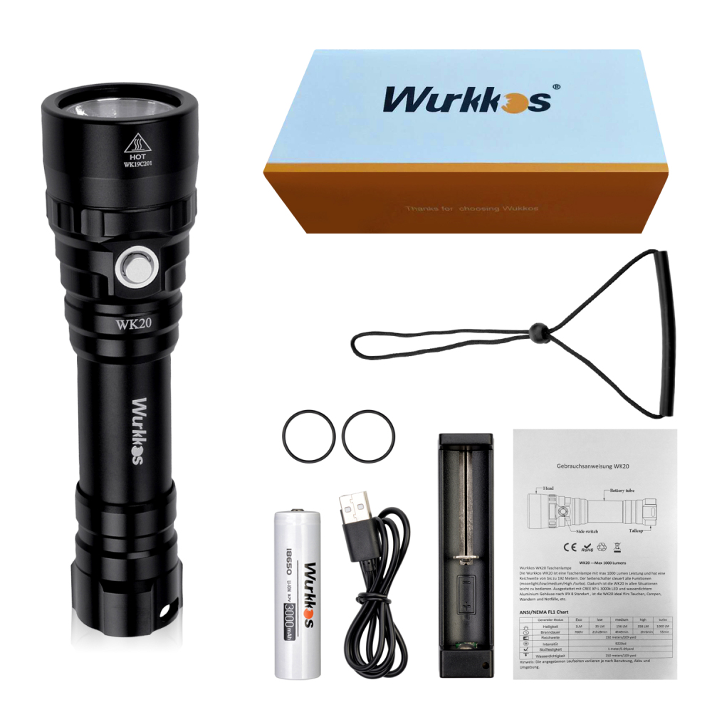 WK20 Diving Flashlight 1000lm 18650 Dive Light Warm Color XPL 3000K