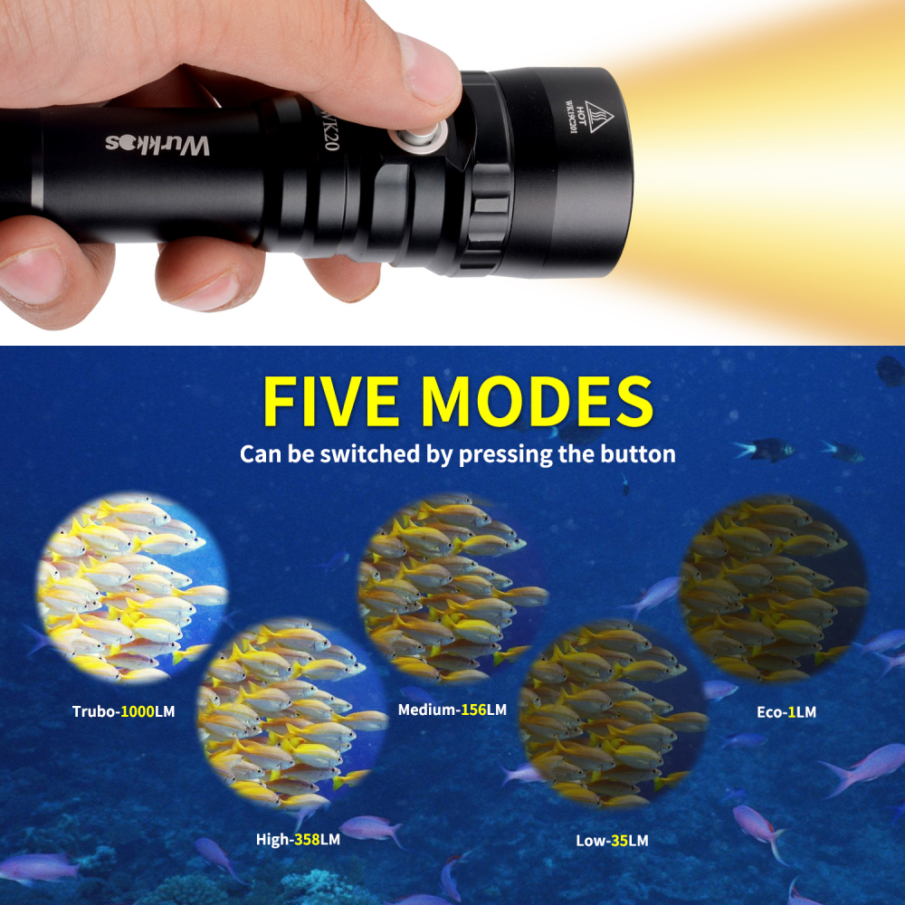 WK20 Diving Flashlight 1000lm 18650 Dive Light Warm Color XPL 3000K