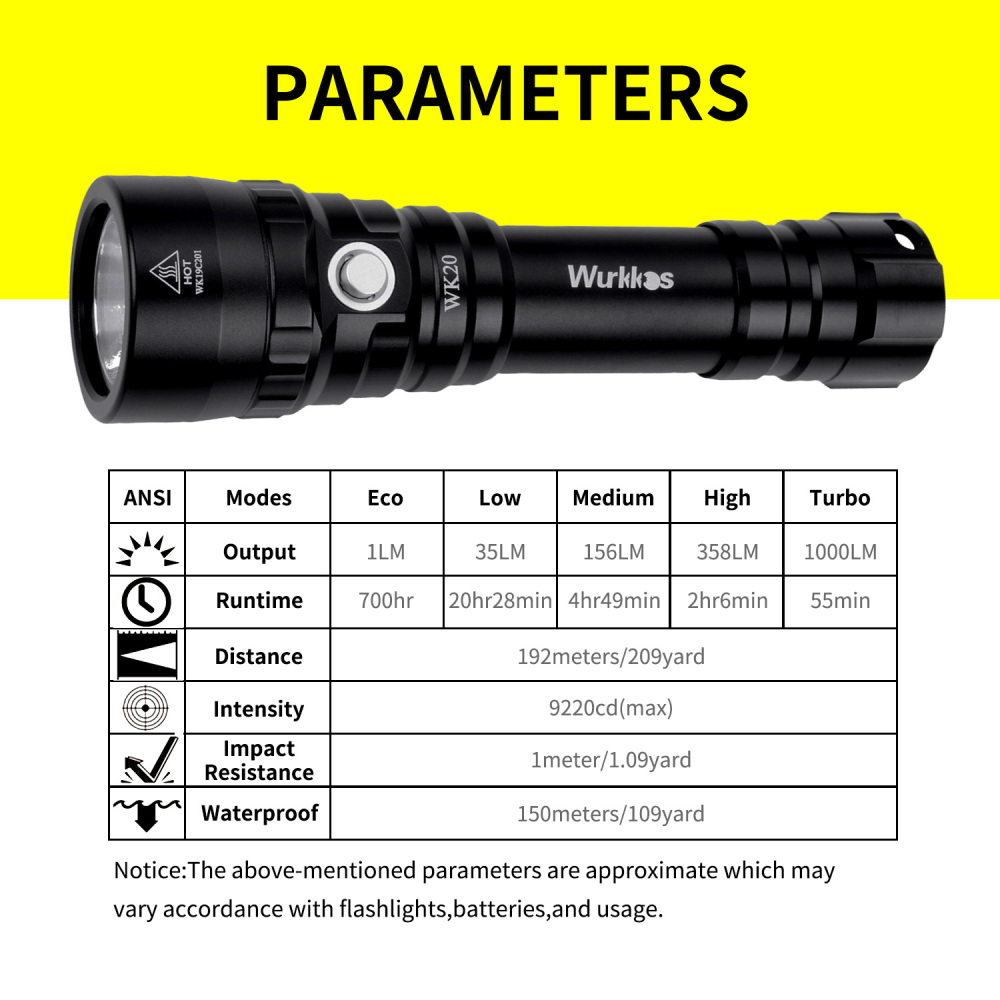 WK20 Diving Flashlight 1000lm 18650 Dive Light Warm Color XPL 3000K