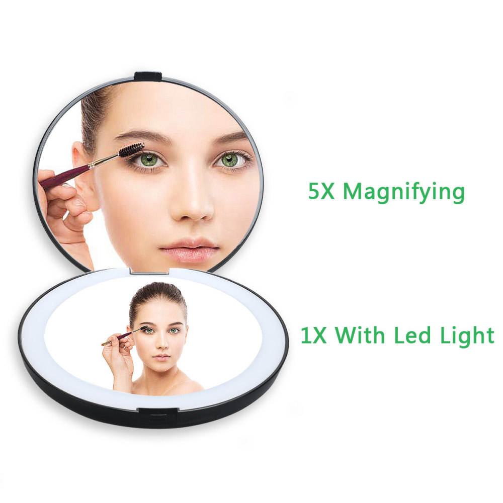 5" LED Lighted Travel Makeup Mirror, 1 X /5 X Magnifying Compact Handheld Vanity Mirror, Portable for Handbag, Purse, Pocket, Folding Double Sided Mirror, Illuminated Mirror with Lights