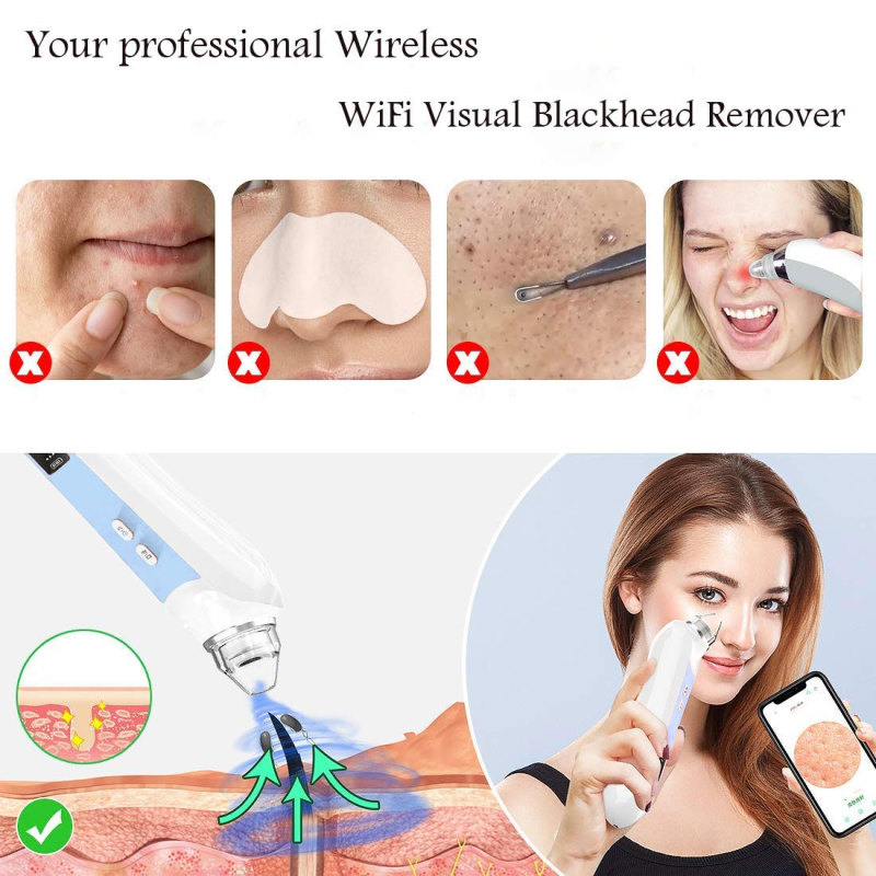 Electric Blackhead Remover, Visual Blackhead Acne Removal Pore Cleaner Phone Linked Display WiFi Beauty Device for Skin Care, Powerful Removal Blackhead Acne Extractor (Include 6 Probes)