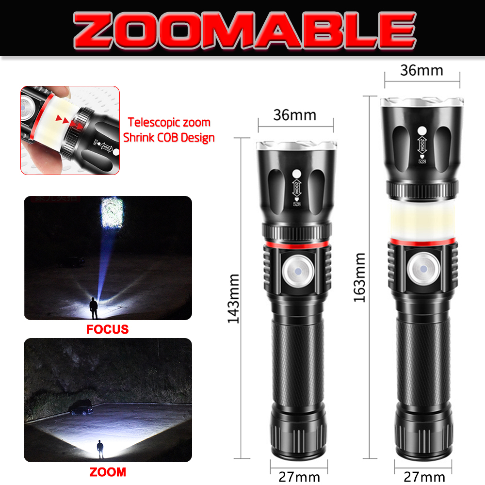 USB Rechargeable Simple Zoomable LED Flashlight Camp Light with Power Indicator, Magnet Tail