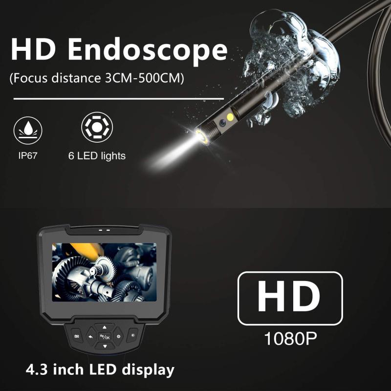 Endoscope Inspection Camera,Digital Industrial Endoscope Dual Lens 1080P full HD 4.3'' LCD Screen Handheld Borescopes with 16.4ft Semi-Rigid Cable,6 LED lights,32G SD Card,Pipe Sewer Inspection Camera