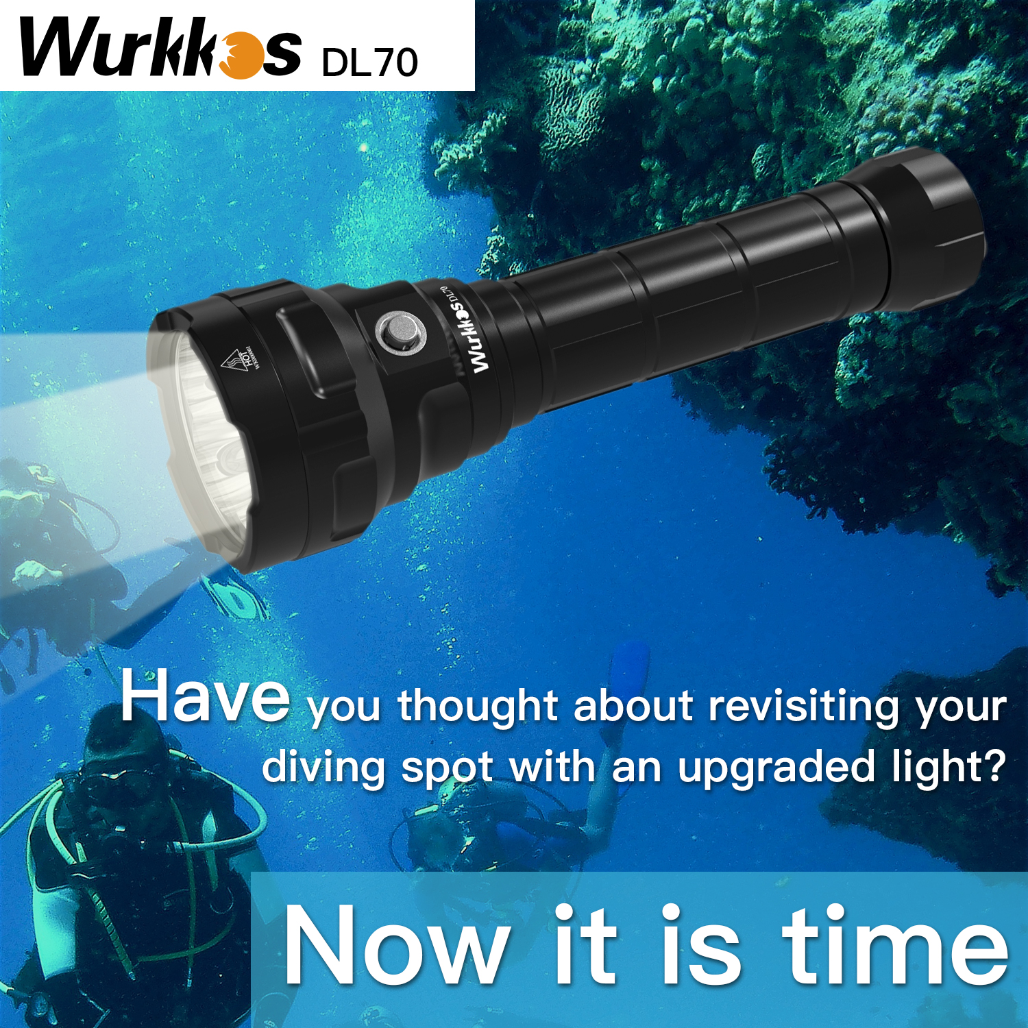 Wurkkos DL70 Super Bright 13000lm Dive Light, Amphibious Flashlight,  Underwater 100m, with 2*26650 Flashlights, 4*XHP50B, 4 Modes Operation